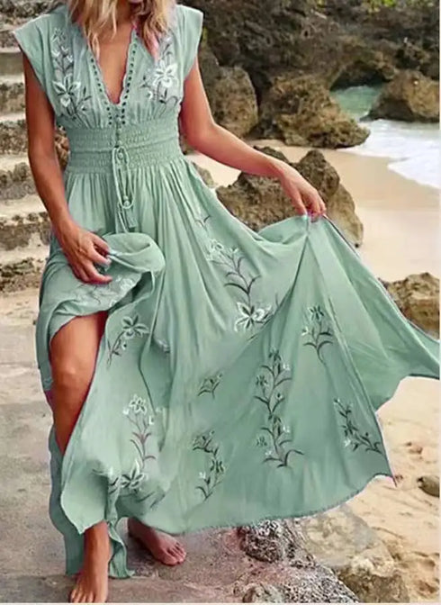 Elegant V Neck Sleeveless Floral Beach Dress for Women Casual Spring Summer Bohemian Style